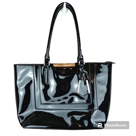 Guess Handbags - GUESS Travel Tote Shopper Purse Bag Shiny Black Logo Large